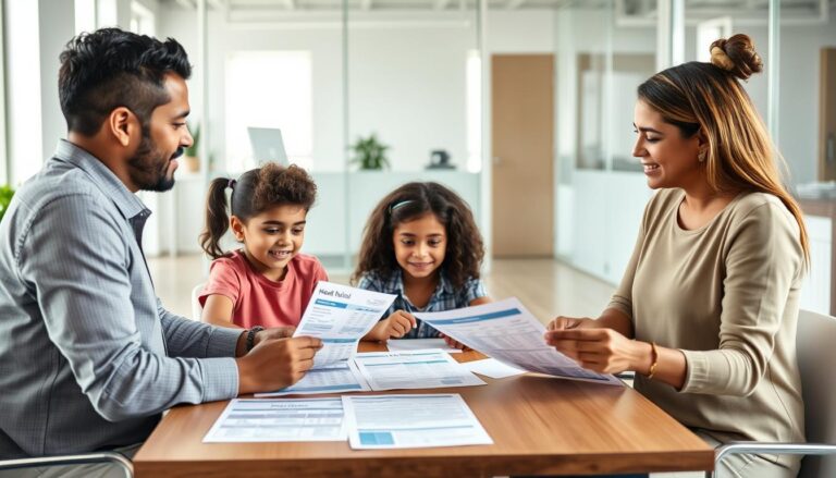 Família consultando valores de planos de saúde com um corretor