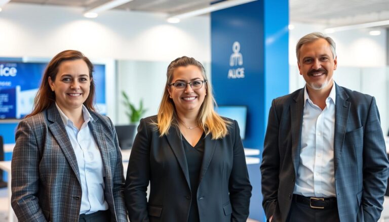 Fundadores da Alice plano de saúde em ambiente moderno e tecnológico