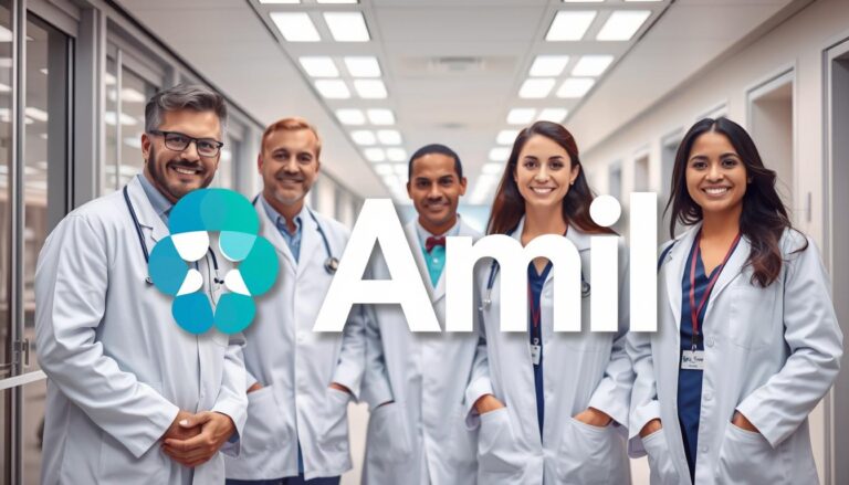 Logotipo da Amil plano de saúde com profissionais de saúde sorridentes em um hospital moderno