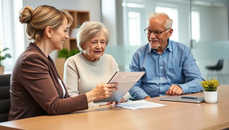 Casal de idosos consultando informações sobre convênios para idosos com uma consultora
