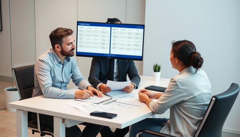Corretor de convênio médico analisando opções de planos de saúde com cliente