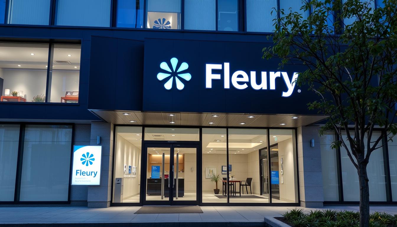 Fachada da unidade Fleury Alphaville mostrando a entrada principal do edifício moderno